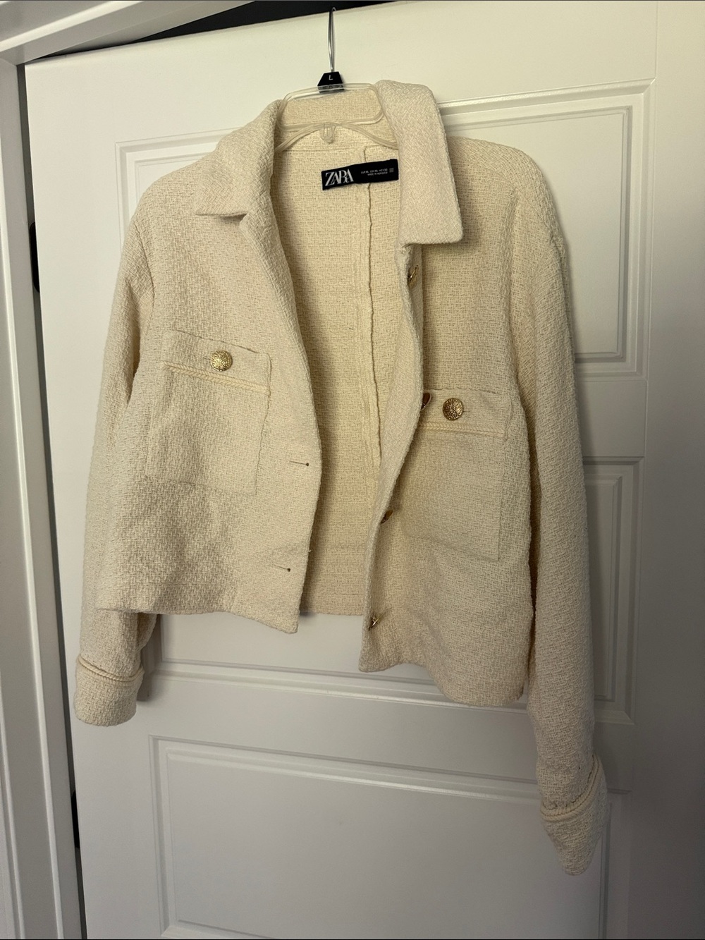 Zara Cream Bouclé Button-Front Cropped Blazer